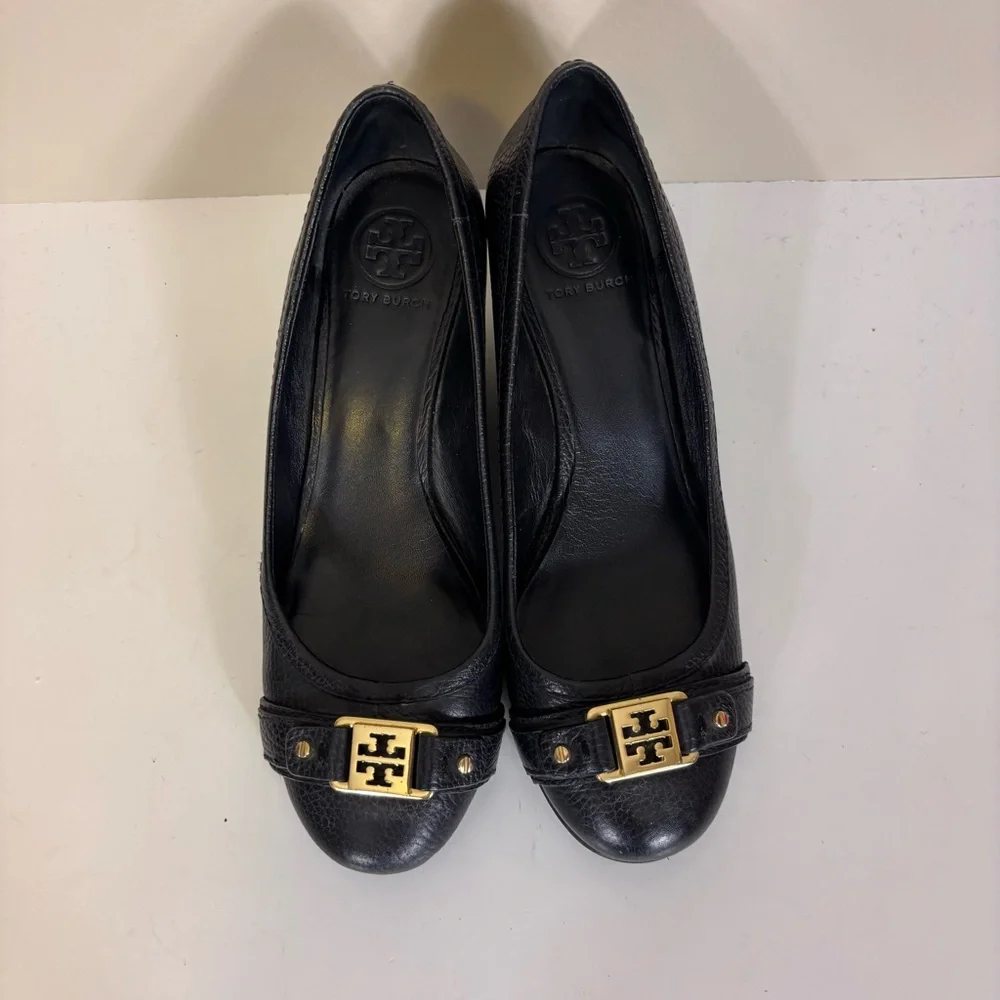 Tory Burch Black Leather Wedge Pumps with Gold Logo Trim 8.5‎